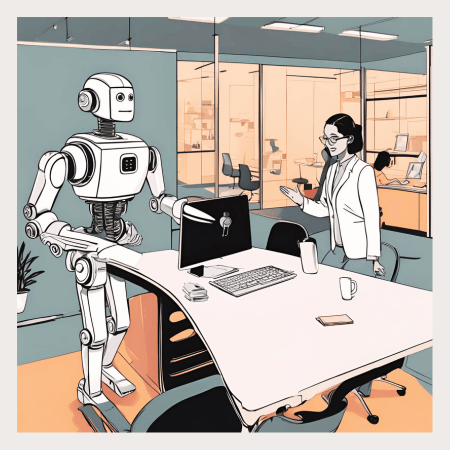 Canva AI image: prompt, “A person leaving a desk and offering their seat to a robot.”